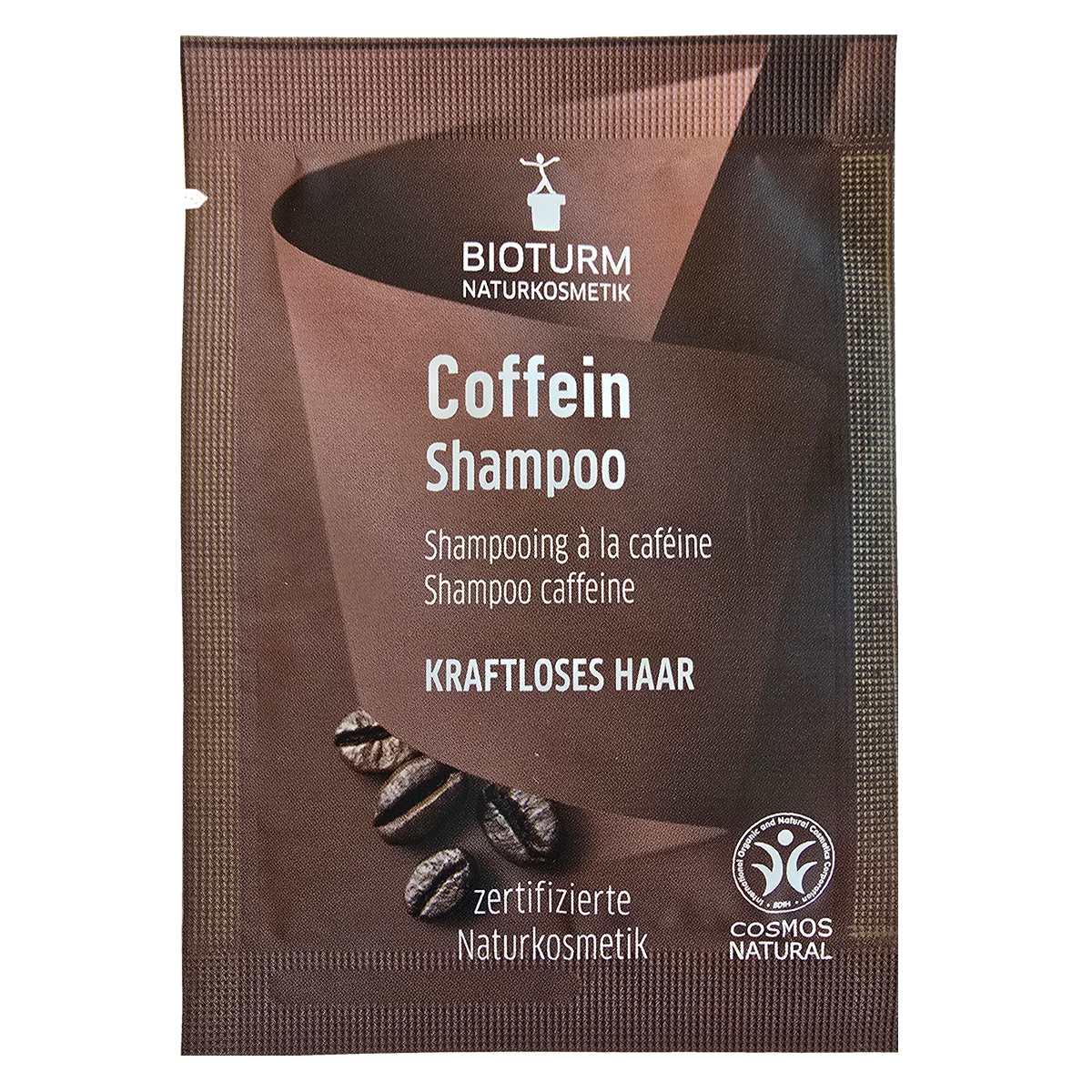 Eine Darstellung des Probesachets des Coffein Shampoo: Die Verpackung zeigt Coffein hoch drei für geschwächtes und dünner werdendes Haar.