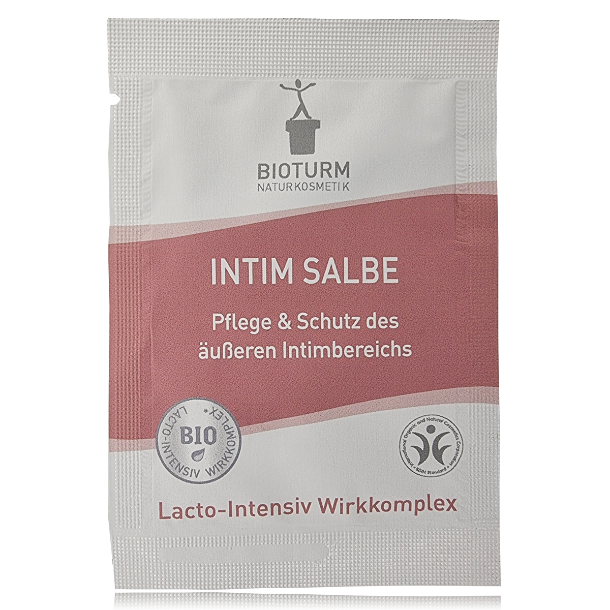 Eine Darstellung des Probesachets der Intim Salbe Nr.27: Die Verpackung zeigt Beruhigende Pflege bei gereizter und irritierter Haut im äußeren Intimbereich.